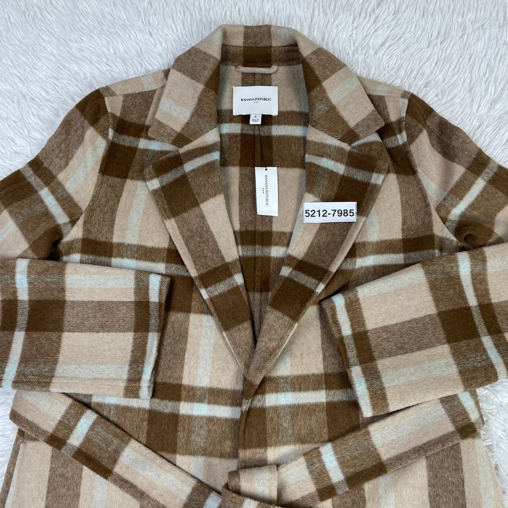 NWT Banana Republic Jacket Womens S Khaki Plaid Double Face Long Tie Waist Coat - Picture 13 of 13